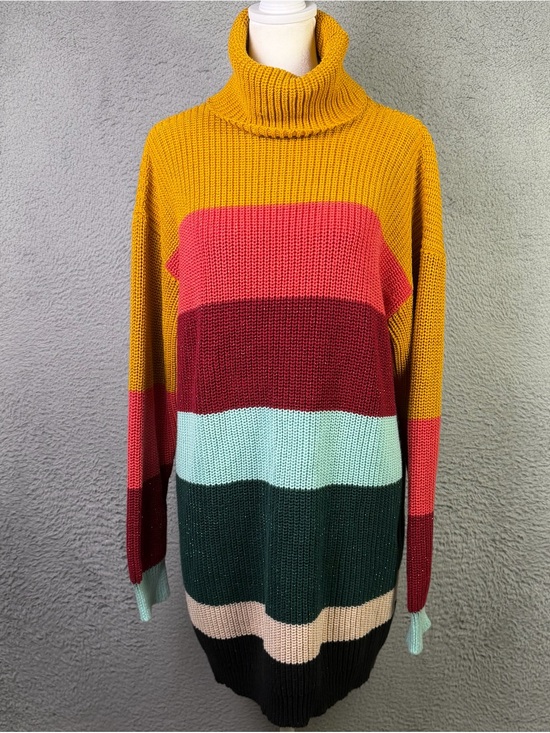 FARM Rio Sweaters - Farm Rio Boldly Striped Sweater Dress Womens XS Multi Turtleneck Metallic Knit